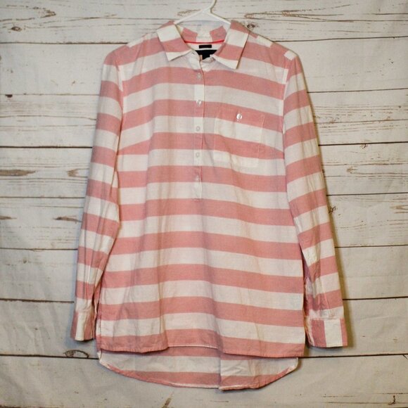 TOMMY HILFIGER Boyfriend Pink‎ White Shirt Medium Tunic - Picture 1 of 5